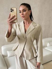 Lavishia Women's Solid Color Lapel Collar Drop Shoulder Long Sleeve Pleated Elegant Blouse In Fall/Winter - Apricot - View 1