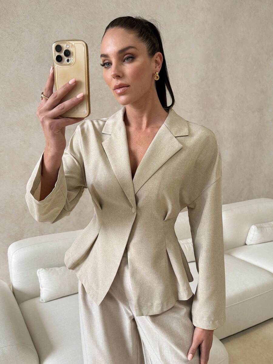 Lavishia Women's Solid Color Lapel Collar Drop Shoulder Long Sleeve Pleated Elegant Blouse In Fall/Winter - Apricot - View 1
