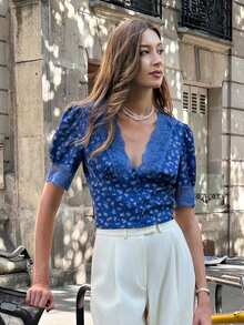 Pariaura Áo cánh tay ngắn cổ chữ V họa tiết hoa thêu ren kiểu Pháp dành cho nữ, trang phục đi học đại học - Màu xanh lam - Xem 3