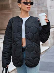 EURMUSE Short Winter Coat With Quilting Details, Two Pockets Button Front Fashionable Padded Coat - Black - View 7