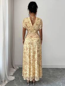 Elenzga Women's Elegant French Style Vacation Loose V-Neck Drop Shoulder Ruched A-Line Maxi Dress, Suitable For Beach, Afternoon Tea, Party - Yellow - View 2