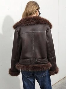 Aveloria Modichic 新款时尚休闲高端人造毛皮夹克，简约拉链设计，厚款，女士外套套装 - 棕色 - 查看 5