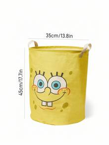 SpongeBob SquarePants | SHEIN 1pc Cartoon Pattern Storage Basket, Linen Material, High-Definition Printing, Can Store Various Items Such As Clothes And Toys - Yellow - View 3