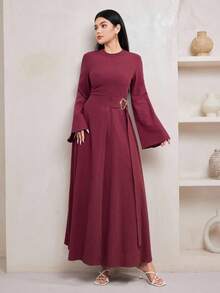 Veilorie 系带收腰装饰纽扣棉麻舒适复古日常休闲长袖连衣裙，秋季 - 酒紅色 - 查看 5