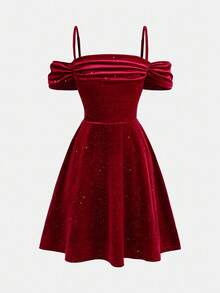 Pitira Tween Girl Off Shoulder Ruffle Hem Patchwork Dress, Casual Elegant Fit For Back To School, Party, Halloween, Christmas, Suitable For Indoor And Outdoor Wear Christmas Dress For Teens Glittery Red Dress Red Christmas Dress Tweens - Red - View 4