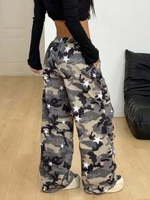 Coolane Pantalones anchos con gráficos de camuflaje para mujer, ideales para conciertos, festivales, salidas, fiestas, regreso a la escuela y talla grande - Verde militar - Ver 4