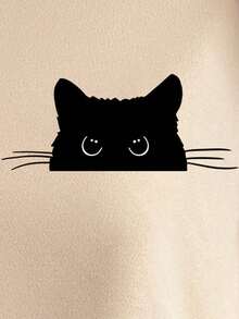 SHEIN EZwear Black Cat Peeking Cute Graphic Print Casual Loose Fit Crew Neck Long Sleeve Thick Sweatshirt For Women, Autumn/Winter - Apricot - View 3