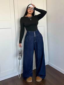 SHEIN Tall CURVE Plus Size Fall Autumn Winter Back To School Homecoming Halloween Christmas Streetwear Birthday Outfit Airport Outfit Business Casual Woman Country Vintage Modest Old Money Business Casual Woman Work Clothes Women Loose Fit Button Front Pocket Wide Leg Casual Jeans Fleece-Lined Blue Jeans Vintage Inspired High Rise Women Jeans In Wide Leg Design For Effortless Chic