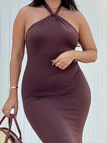 NegzBox Back-Twist Halterneck Midi Dress,Ladies Sexy Backless Sleeveless Halter Slim Fit Long Brown Plain Bodycon Women Long Dresses,Spring/Summer,Party/Nightclub Outfits Maxi Women Outfit - Brown - View 5