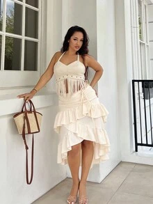 NegzBox Women's Creamy Apricot Summer Skirt With High-Low Hem ,Drawstring Ruffled Layered,Party Skirt,Boho Skirt,Lunch Skirt - Apricot - View 5