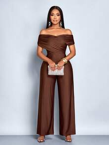 SOLERSUN 女士优雅纯色十字交叉褶饰露肩连体裤 - 咖啡棕 - 查看 7