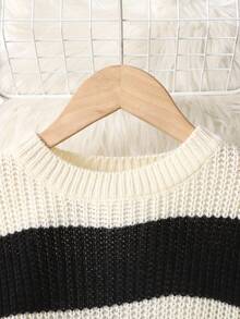 Sparklyn 1 Set Soft & Skin-Friendly Colorblock Striped Crew Neck Loose Sweater & Straight Leg Wide Pants, Versatile Outfit For Casual, Outdoor, Gathering And More Occasions, Suitable For Tween Girls Fall Winter - Multicolor - View 4