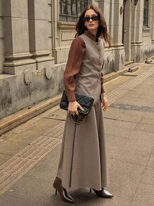 DAZY 2件套女士千鸟格无袖夹克和A字裙休闲套装，秋冬 - 棕色 - 查看 6