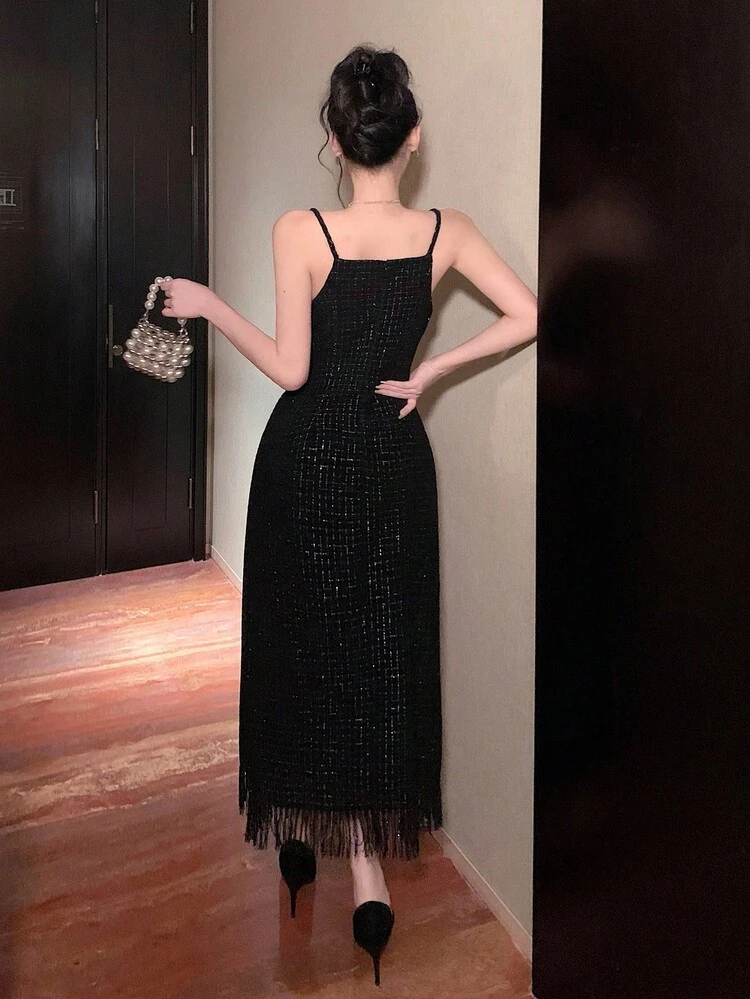 Women's Plaid Fabric Fringed Strap Maxi Elegant Dress Prom Dress Summer Women Dresses