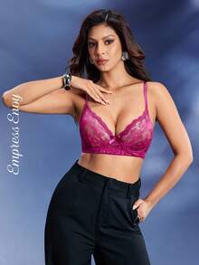 SHEIN 蕾丝拼布透明浪漫法式风格女士钢圈文胸 - 酒紅色 - 查看 3