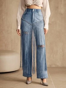 Anewsta Nuevos jeans rectos azules con flecos y pedrería de moda para el Día de San Valentín para mujer - Azul - Ver 4