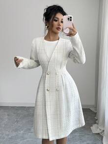 Rafferiza 女士优雅羊毛混纺格子大衣，V 领双排扣夹克，采用厚粗花呢面料 - 彩色 - 查看 3