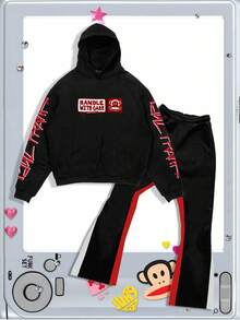 ROMWE MEN Paul Frank X ROMWE 男士休闲字母和猴子印花连帽衫和裤子套装，秋季 - 黑色 - 查看 2