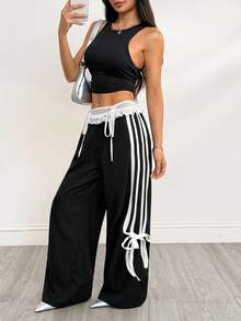 SHEIN PETITE 女式夏季黑色上学可爱 Y2K 派对蕾丝蝴蝶结中腰直筒黑色裤子 - 黑色 - 查看 5