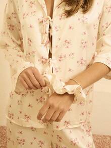 Aralina Sleepwear Fall Winter Satin Cute Floral Print Frill Detail Tie Front Shirt And Wide Leg Pant Two Piece Date Night Sleep Set, Fall Clothes - Multicolor - View 5