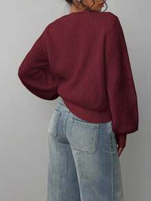 SHEIN BASICS 女士休闲纯色灯笼袖毛衣，秋冬 - 酒紅色 - 查看 2