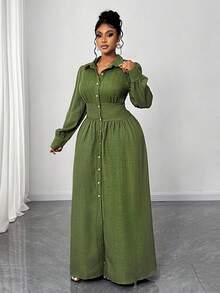 Maweii Đầm sơ mi thường ngày tay dài đơn hàng khuy cài eo màu trơn cỡ lớn cho nữ - màu xanh lá - Xem 6