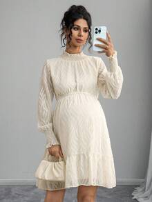 Momance Maternity Solid Color Stand Collar Long Sleeve Elegant Waist Cinched Dress Fall - Apricot - View 6