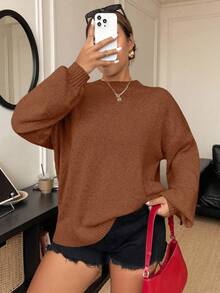 Elenzga 大码女式休闲宽松圆领长袖落肩套头毛衣，秋冬 - 棕色 - 查看 8