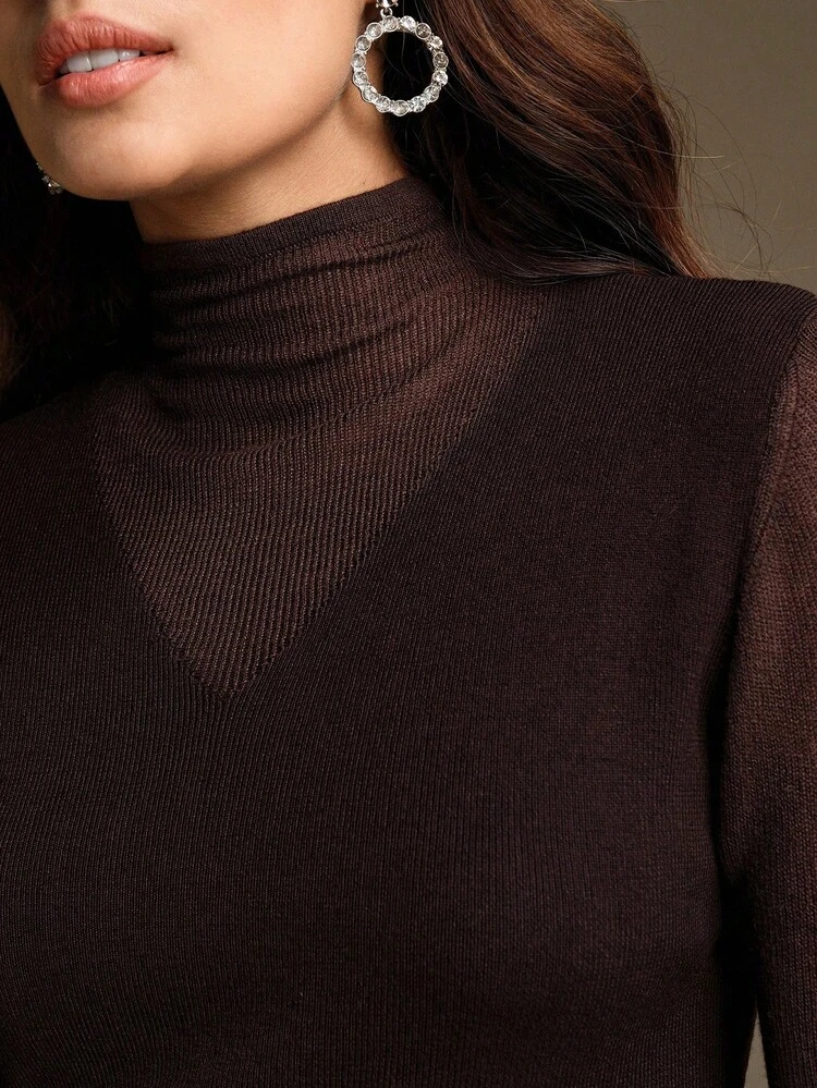 Elegant V-Neck Solid Color Knitted Slim Fit Stand Collar Sweater For Women, Autumn/Winter