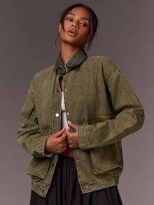 Athîral Chaqueta de mezclilla vintage desgastada y desgastada para mujer - Verde militar - Ver 4