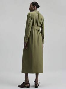 Ontre 2025 新款女式长裙，秋冬，现代都市风格，女装，军绿色，收腰宽松版型，系带，商务休闲，通勤，日常穿着，秋冬，圣诞节，万圣节，节日，度假，派对，合身廓形，女装，都市时尚，简约优雅女装，纽扣，梭织面料，女装 - 軍綠色 - 查看 2