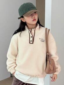 DAZY Tween Girl Letter Embroidered Fleece Long Sleeve Sweatshirt, Fall Clothes, Winter