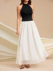 SHEIN Tall 女式无袖撞色休闲长裙 - 黑與白 - 查看 4