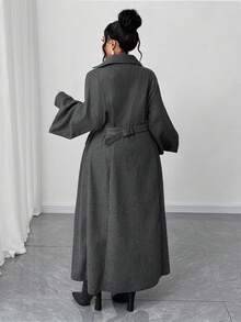 Maweii 加大码女式长款风衣，泡泡袖不对称袖外套，高腰时尚冬季外套 - 深灰色 - 查看 3