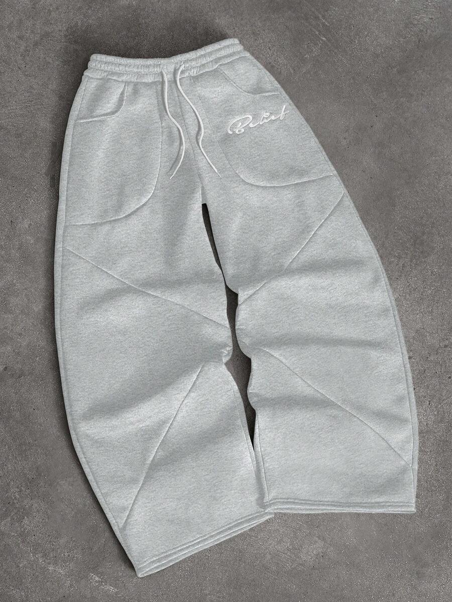 PAVTROS Manfinity Streetrush Men's Fashion Creative Patchwork Wide-Leg Letter Embroidered Black Sweatpants - Light Grey - View 1