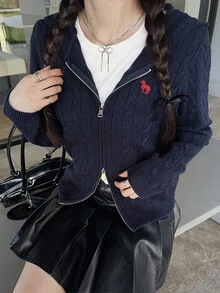 FRIFUL Cárdigan casual de ajuste ceñido con capucha, azul marino, con patrón de bordado en contraste, adecuado para el otoño - Azul Marino - Ver 8