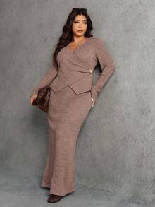 Elaquor Plus Size Women Solid Color Criss-Cross Wrap Long Sleeve Knit 2 Pieces Set - Camel - View 1