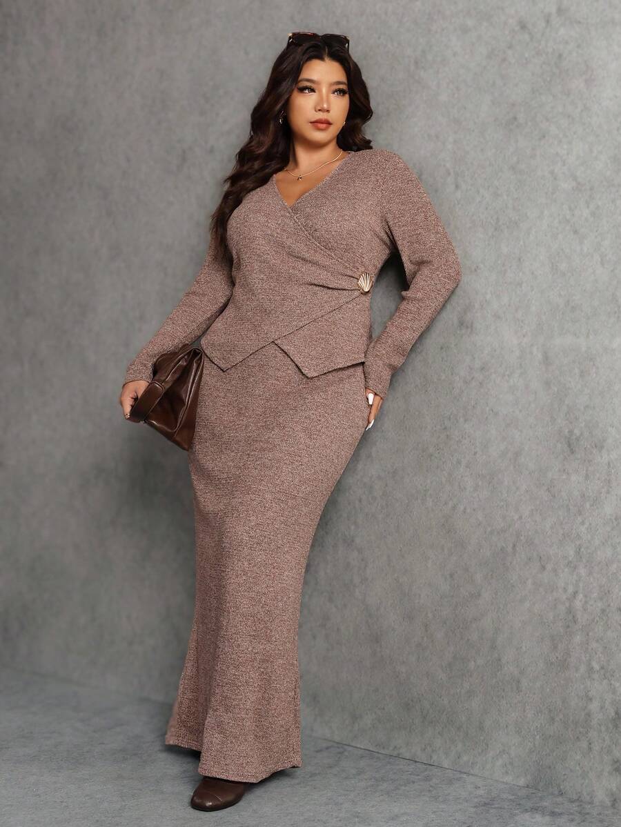 Elaquor Plus Size Women Solid Color Criss-Cross Wrap Long Sleeve Knit 2 Pieces Set - Camel - View 1