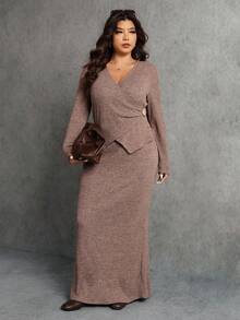 Elaquor Plus Size Women Solid Color Criss-Cross Wrap Long Sleeve Knit 2 Pieces Set - Camel - View 6