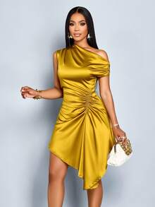 SOLERSUN Women's Elegant Solid Color Asymmetric Collar Side Drawstring Ruched Fashion Satin Dress - Mustard Yellow - View 6