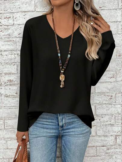 EMERY ROSE Plus Size Women's Solid Color Casual Loose Long Sleeve T-Shirt, Suitable For Teacher's Day, Halloween, ,Spring/Summer/Vacation