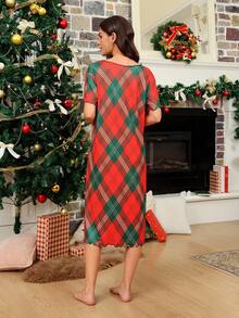 Women's Red Plaid Christmas Nightgown,Short Sleeve Contrast Trim Plaid Print Christmas Pajamas,Summer Cute Modest Sleep Sleepwear Holiday Nightgown - Multicolor - View 2