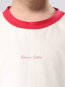 SUMWON 优质儿童文化口号印花常规版型 T 恤，红色圆领短袖，白色基本款休闲棉质圆领