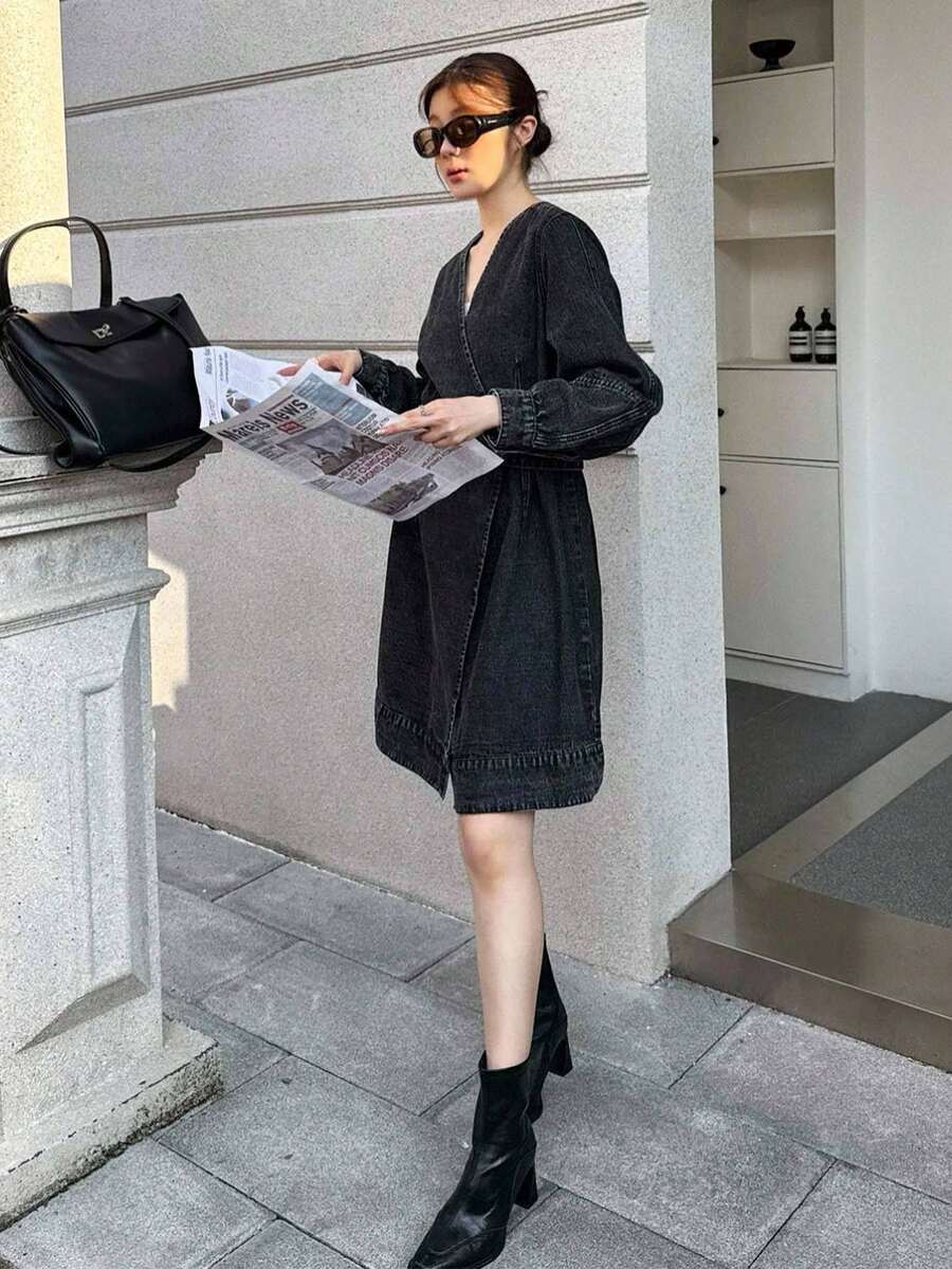 K-Vae 女士秋冬黑色V领裹身长袖牛仔短裙可调节腰带韩版风格圣诞节万圣节服装别致秋季 - 深灰色 - 查看 1