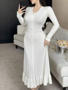 DAZY V-Neck Slim Fit Knit Dress, Suitable As Undershirt For Coats, Sweaters In Autumn/Winter - White - View 8