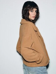 SHEIN Luminelle 厚羊毛夹克，柔软顺滑的夏尔巴面料，双排扣，秋冬 - 卡其色 - 查看 2