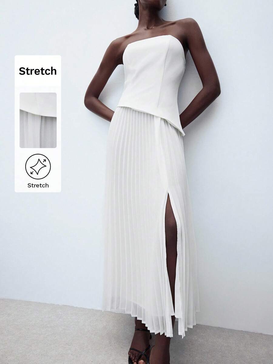 Maija Vestido blanco sin tirantes con cintura ajustada, plisado y corte evasé con abertura, diseño elegante y minimalista, vestido blanco clásico cómodo y versátil para salidas - Blanco - Ver 1