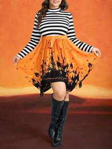 SHEIN LUNE Vestido Midi Mulheres Plus Size Halloween com Bainha Retalhos e Torção - Multicolorido - Visão 6