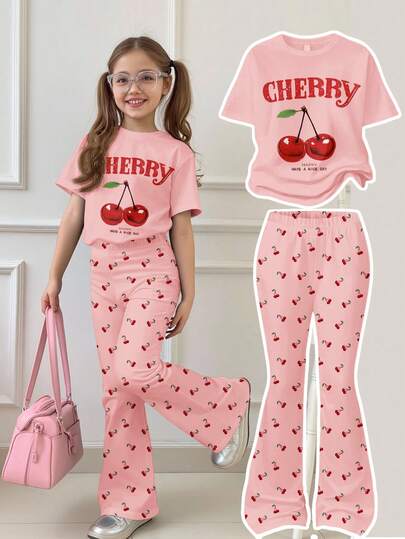 SHEIN Cream Pink, Retro Fashionable Sweet Mini Vintage Cherry Pattern, Tween Girl Casual Loose Round Neck Short Sleeve T-Shirt And Skinny Flare Pants 2-Piece Set, Suitable For All Seasons