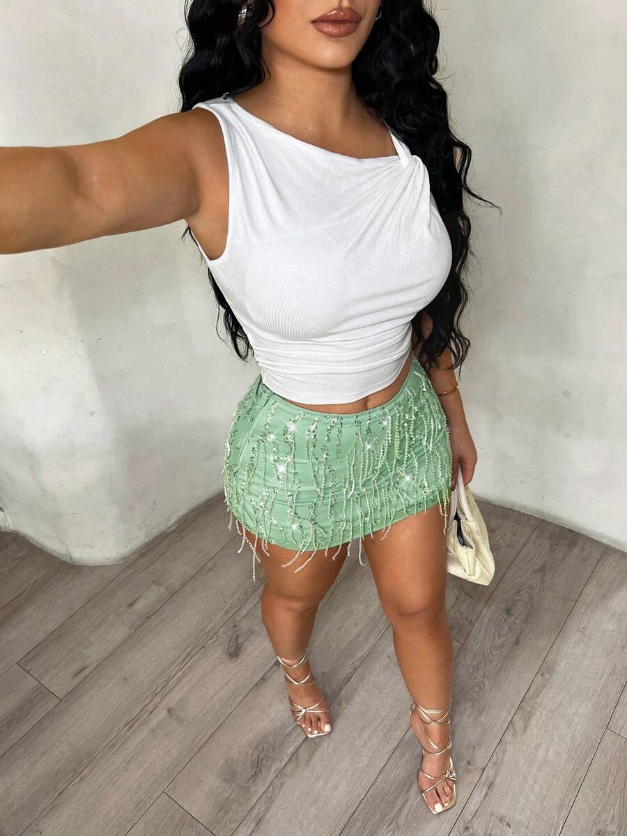 SHEIN SXY 女士时尚流苏亮片迷你裙 - 綠色 - 查看 1